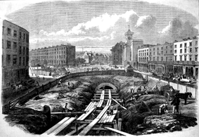 Unnið að neðanjarðarbraut um King's Cross í London árið 1861